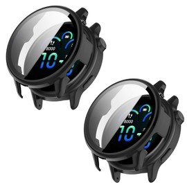 Compatible with Garmin Vivoactive 6 Case Cover, 2-Pack PC Protective Case Full Cover Built-in HD Tempered Glass Screen Protector (Black&Black)