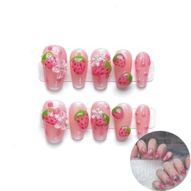 10 Pcs Pink Coffin Press on Nails Handmade Thick Fake Nails Medium Reusable False Nails with 3D Strawberry, Flower Design Artificial Acrylic Nails Press ons Cute Summer Nails for Women Girls (M)