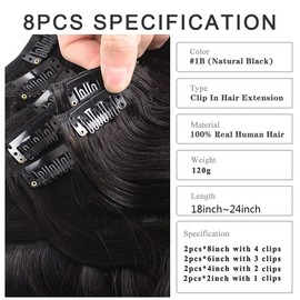 Unipearl Wavy Clip-In Real Hair Extensions, 50 cm / 20 Inches, 8 Pieces, 120 g, Natural Black Hair Extensions for Women, Body Wave Remy Hair Extensions, Clip-In