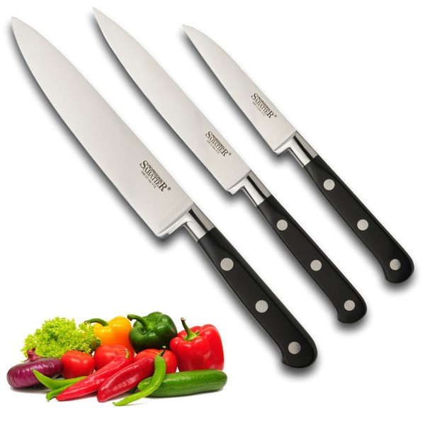 Professional Sabatier Knife Set 3 Piece - Paring, Utility & Chef’s Knives. Full Tang Blade. High Graded, Taper Ground Carbon Steel. Sharper for Longer. Triple Rivet Handles. by Taylors Eye Witness.