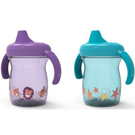 NUK First Essentials Fun Grips Soft Spout Trainer Cup, 7 oz. (2 Count (Pack of 1), Purple&Green)