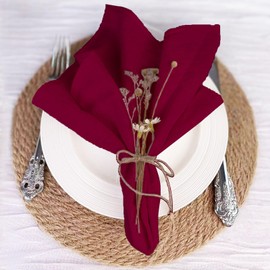 EHLDEKOL Cotton Linen Napkins Bulk 17x17 Inch Rustic Stonewashed Cloth Dinner Napkins Thick Table Napkins for Fall Thanksgiving Christmas Party Wedding Decoration (Burgundy, 6)