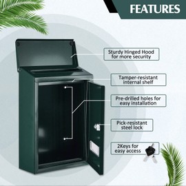 Amylove Weatherproof Mail Boxes with Key Lock, Security Locking Wall Mount Metal Mailbox with Slot for Outside, Large Capacity for Mail, Packages, Donations, Voting 11.8" H x 8.3" L x 2.8" W, Green