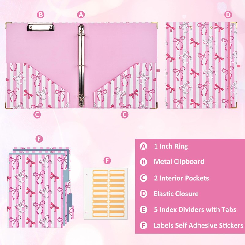 1 Inch 3 Ring Binder with Clipboard, Cute Binder Pink