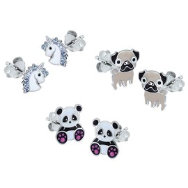 Pug, Unicorn & Panda Earrings Gift Set - 925 Sterling Silver