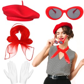 Beamely French Women set, Women Fancy Dress Costume Accessories Set French Artist Mime Kit with Red Beret Scarf Sunglasses Gloves for Women Girls Cosplay Party Supplies School Dress Up Day