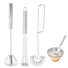 Dokpav 3 PCS Stainless Steel Wire Whisk Set, Hand Egg Whisk with Beads, Semi-Automatic Rotary Spiral Mixer for Kitchen Cooking Mixing Blending Beating Foaming