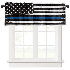 Thin Blue Line American Flag Curtain Valances, Black USA Police Rod Pocket Valance Tier Curtains Window Treatment Drapes for Kitchen Living Room Bedroom Windows, 54x18 Inch 1 Panel