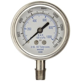 PIC Gauge 301LFW-254V 2.5" Dial, 0/15000 psi Range, 1/4" Male NPT Connection Size, Bottom Mount Glycerine Filled Pressure Gauge with a Stainless Steel Case and Internals, Stainless Steel Bezel, and Polycarbonate Lens