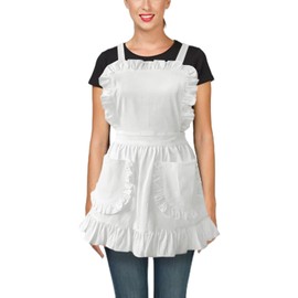 DAZZLUXE 1 Piece Ruffle Lace Apron, Maid Ruffle Vintage Apron, Double Pocket Apron, French Maid Apron, Waitress Apron, Ladies Ruffle Apron (White), White