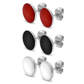 SoulCats® 1 Pair Round Stud Earrings Stainless Steel in Red White or Black Glossy, Stainless Steel