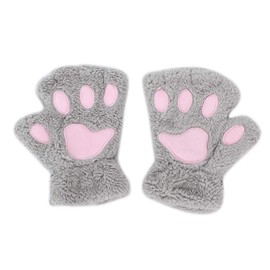 Winter Gloves Cat Paw Gloves Women Girls Hand Warmer Half Finger Winter Gloves Warm Mittens Plush Fingerless Gloves Cute Cold Weather Gloves with Rope, gray