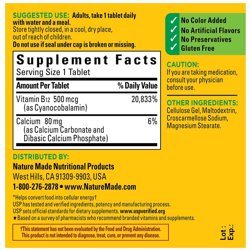 Nature Made Vitamin B12 500 mcg, Dietary Supplement for Energy