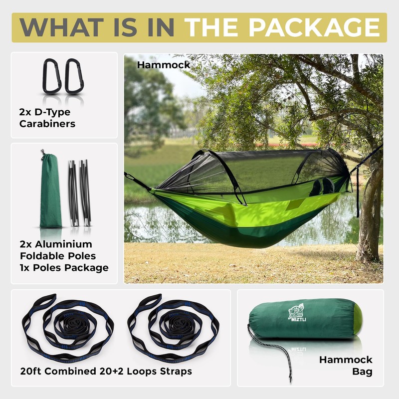 Miztli Camping Hammock -Portable Hammock w/Spacious Net & Tree Straps