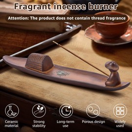Incense Holder with 2 Holes Ceramic Incense Stick Holder Minimalist Ash Cather Tray Indoor Decoration(coffee-1-The Lonely Boat hat)