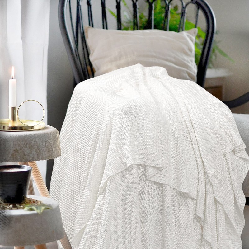 PiccoCasa 100% Cotton Knit Throw Blanket,Solid Lightweight Decorative Throws and