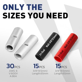 haisstronica Non Insulated Butt Connectors Kit, 30 pcs Tinned Copper Uninsulated Wire Connectors with 30 pcs 3:1 Heat Shrink Tubing for Automotive Marine (AWG 6)