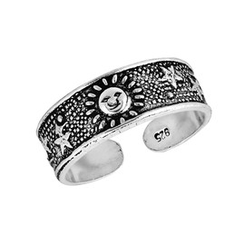 AeraVida Sun and Stars .925 Sterling Silver Toe Ring or Pinky Ring | Classic Toe Rings for Women Sterling Silver | Sun Toe Ring | Sterling Silver Adjustable Toe Ring | Unisex Toe Ring