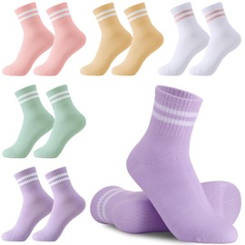 Coumy 5 Pairs Striped Socks Crew Sport Socks Crew Socks for Girls, Cotton Girls Ankle Sock Soft Casual Sock Junior Sock for Girls School Daily, Size 4-6