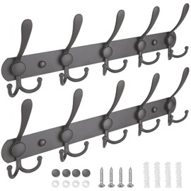 TICONN Wall Mounted Coat Rack, Five Heavy Duty Tri Hooks All Metal Construction for Jacket Coat Hat in Mudroom Entryway (Space Gray, 2-Pack)