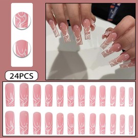 WAFOLOZE Long Press on Nails Pink Long Fake Nails Coffin Press on Nails Square False Nails with White Line & Pearls Designs Acrylic Nails Press on Artificial Nails Stick on Nails For Women-24Pcs