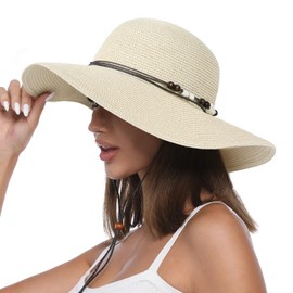 Creekstone Strohhut für Damen, Sonnenhut Breite Krempe, UPF 50+ UV Sonnenschutz, Faltbar Floppy Sommer-Strandhüte mit Windband (DE/NL/SE/PL, Alphanumerisch, L, Beige)