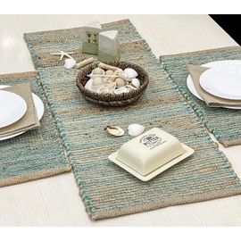 Chardin home | Natural Jute Table Runner | 13x36 Rustic Farmhouse Table Runner | Table Runner Colors - Natural Jute and Aqua Turquoise.