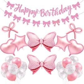 Klarvyius Pink Bow Birthday Party Decorations Pink Coquette Birthday Decorations Bow Theme Pink and White Balloons Garland Arch Kit Pink Bow Happy Birthday Banner for Girls Big Pink Bow Decor