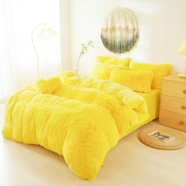 Faux Fur Fluffy Yellow Comforter Cover Twin Set – Plush Faux Fur Yellow Bedding 2-Piece Set (1 Furry Duvet Cover + 1 Shaggy Pillow Sham) Cozy Bed Set