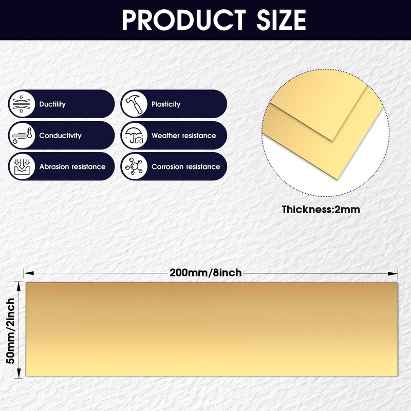 Brass Sheet,2" x 8",14 Gauge(2mm) Thickness, 99.9% Pure Brass Plate,for