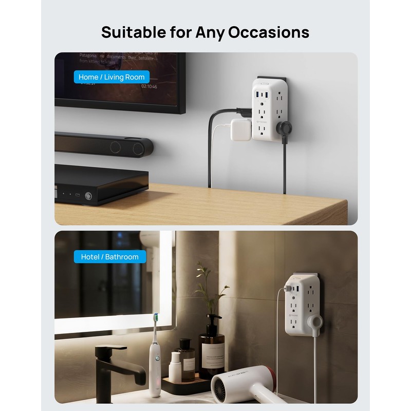 TROND Outlet Extender with USB-C, 8AC Outlet Splitter 3 USB