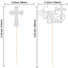 Gyufise 12Pcs God Bless and Cross Centerpiece Sticks Double Sided Cross God Bless Table Flower Centerpieces Sticks First Communion Baptism Decorations for God Bless Theme Party Supplies Silver