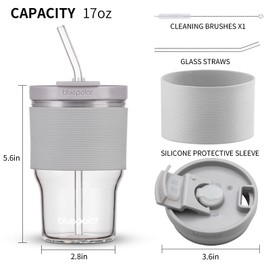 Glass Cups with Lids and Straws,16oz/480ml Reusable Iced Coffee Glasses & Juice Bottles,Cold Brew Tumblers with Leakproof Lids,BPA-Free Glass Jars for Juicing,Matcha,Tea,Smoothie (Grey with Sleeve)