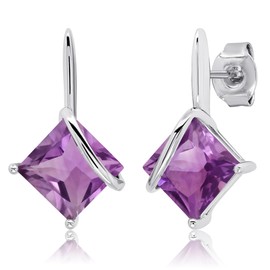 MAX + STONE 925 Sterling Silver Princess Cut Purple Amethyst Square Drop Dangle Earrings for Women 7mm February Birthstone with Push Backs