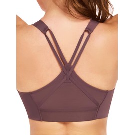 IBL Womens Sports Bra Mid Impact, Molded Cup Supportive Comfy Thin Straps Criss Cross Back Mesh for Yoga Gym Workout Shopping Bag Brown Large