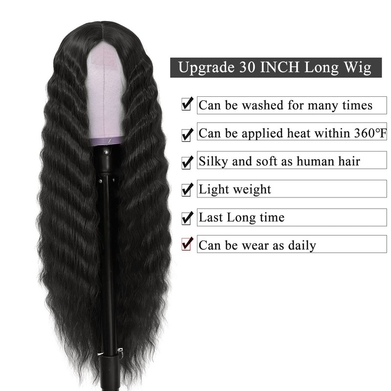 INSTASTYLE 30 Inch Synthetic Curly Wigs for Women Long Black
