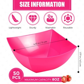 Tanlade 50 Pcs Square Plastic Serving Bowls Disposable Snack Salad Bowl Small Party Candy Bar Containers Taco Bar Serving Dishes for Buffet Chips Fruit(8 oz,Rose Red)
