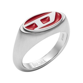 Diesel Men's Red Enamel and Stainless Steel Signet Ring, Stainless Steel, No Gemstone