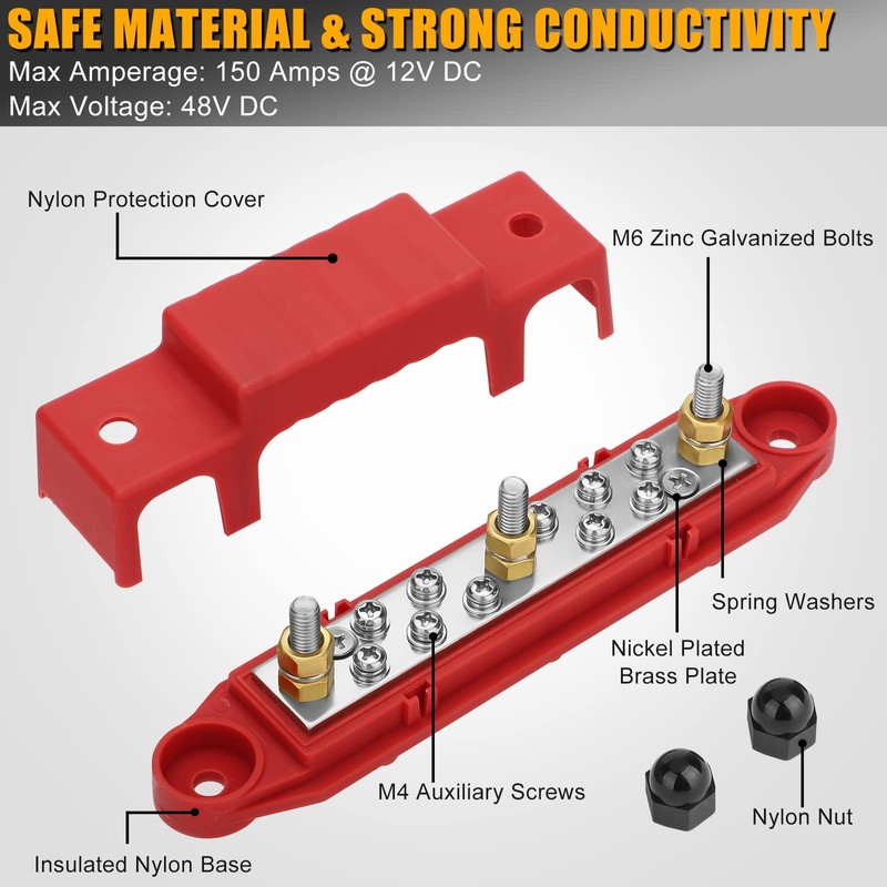 2 Pcs Bus Bar, 12V Power Distribution Block, 3X 1/4"
