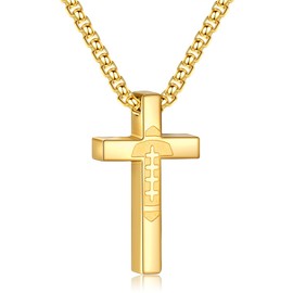P.BLAKE Football Cross Necklace for Boys Men, Stainless Steel Gold Pendant Chain Christian Baptism First Communion Confirmation Accessories Jewelry Gifts For Teen Boys Ages Kids（16in）