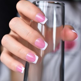 ELEVENAIL Glossy Press on Nails Pink French Fake Nails Medium Length Squoval False Nail Art Tips Reusable Acrylic Finger Nails Gifts for Women Girls