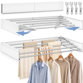32'' Wall Mounted Clothes Drying Rack, Foldable & Collapsible Wall Mount Laundry Rack w/ 5 Thickened Rods & 4 Hooks, Space Saver Hanging Drying Rack Clothing for Laundry Room Bathroom Indoor