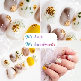 Sun&Beam Nails Handmade Press On Nail Short Round Hand-painted Golden Flowers Acrylic Fake Tip Design Art Charms Cute with Storage Box 10 Pcs (#05 L)