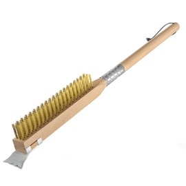NUTUNI Pizza Oven Brush, Pizza Stone Brush with Scraper, 25" Long Wooden Handle Pizza Stone Cleaning Brush, Outdoor Pizza Oven Accessories