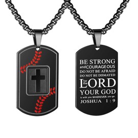 RUOOUY Baseball Bible Verse Cross Necklace for Men Inspirational Bible Verse Dog tag Pendant Stainless Steel Chain 22+2 inch Sports Religious Jewelry Baseball Gift for Men（Be Strong-Black）