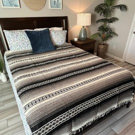 WP West Path Wool Mexican Blanket - Southwest Print Geometric Design- Handwoven Vintage Wall Tapestry/Throw from Mexico/Beach/Picnic/Thick Mexican Yoga Blanket (Black & Grey Stripes)