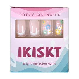 IKISKT Press On Nails - White French Tips | Summer Flower Pink l UV Medium-short Square Shape False Fake Nails, Reusable Summer Glue | 10 Sizes - 24 Nail Kit