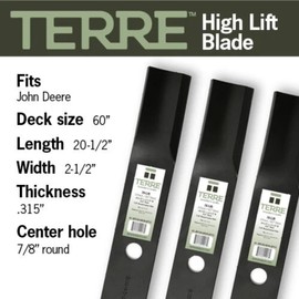 Terre Products, 3 Pack High Lift Lawn Mower Blades, 60 Inch Decks, Compatible with John Deere 160, 260, 400, 420, 430, 655, 755, 855, 4010, and More, Replacement for AM100538, M141785, M87622