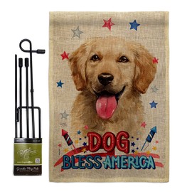 Patriotic Golden Retriever Burlap Garden Flag Set with Stand Animals Dog Puppy Spoiled Paw Canine Fur Pet Nature Farm Animal Creature Small Gift Yard House Banner Double-Sided Made In USA 13 X 18.5