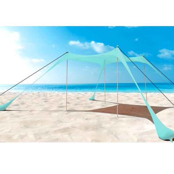 10x10ft Beach Shade Tent for Sand,Pop up Sun Shelter UPF50+,Outdoor Beach Canopy for Picnic Camping Sunshade with Carry Bag,8xGround Nails,4xPoles(Lake Blue)